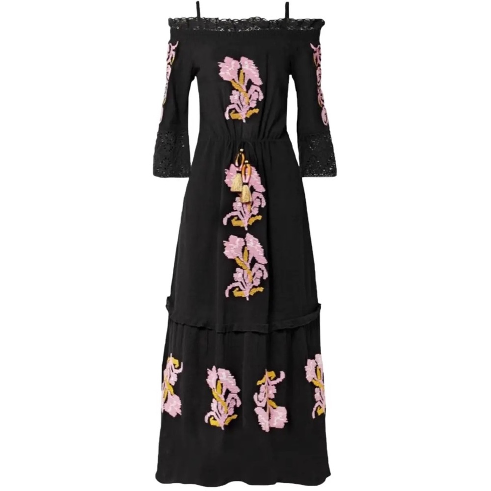 Never Worn, Black Maxi Figue dress with embroidering and tassel ties. Size Small